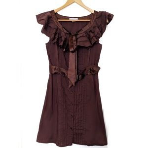 Minuet Brown Midi Dress Ruffled Collar & Belt S